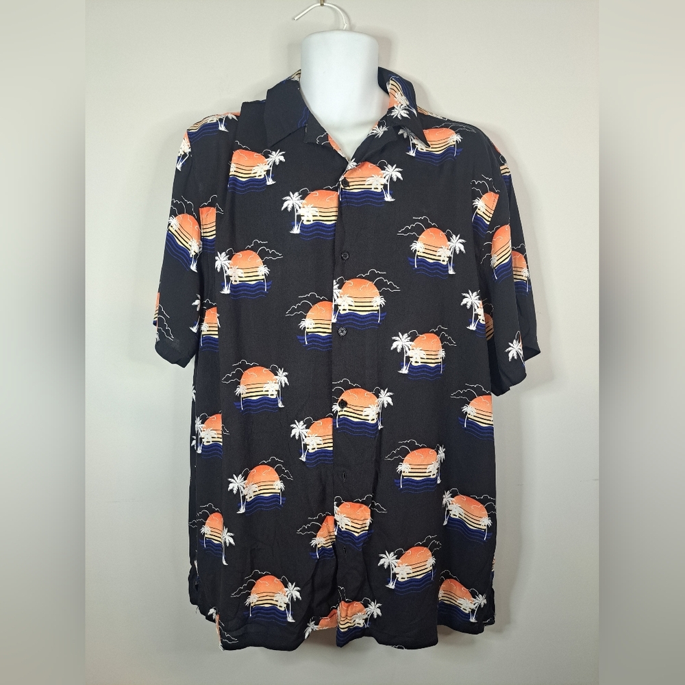 No Boundaries Mens Button Down Shirt XL Black Sunset Hawaiian Miami Palm Trees
